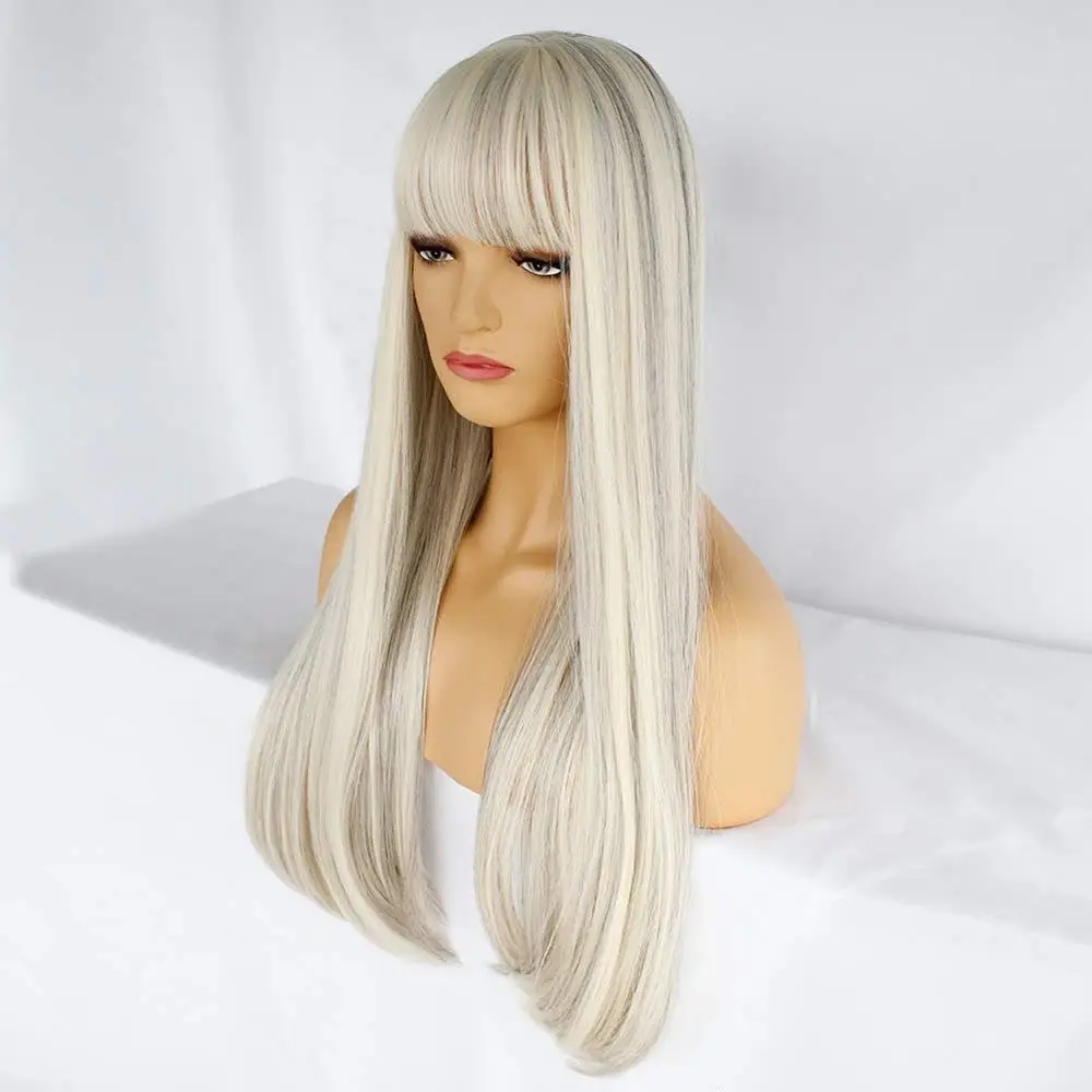 Ebingoo Synthetic Ombre White Wigs with Bangs Long Silk Straight Cosplay Wig Heat Resistant Fiber For Women