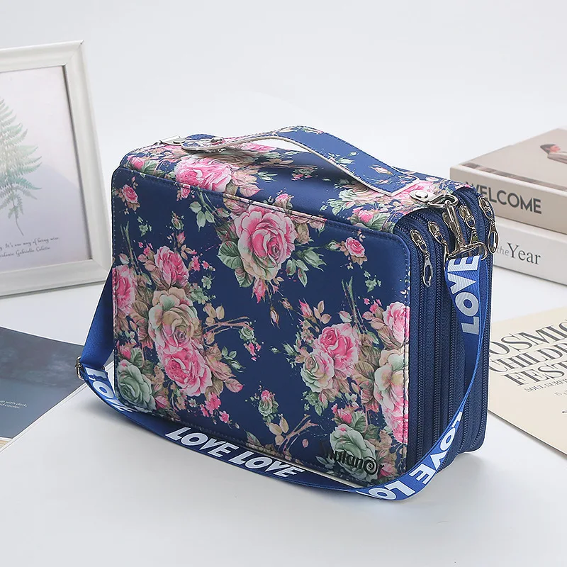 

Colorful Flower Pattern 252 Slot 5 Layer Zipper Portable Shoulder Strap Polyester Pencil Case Holder Large Capacity Art Supply