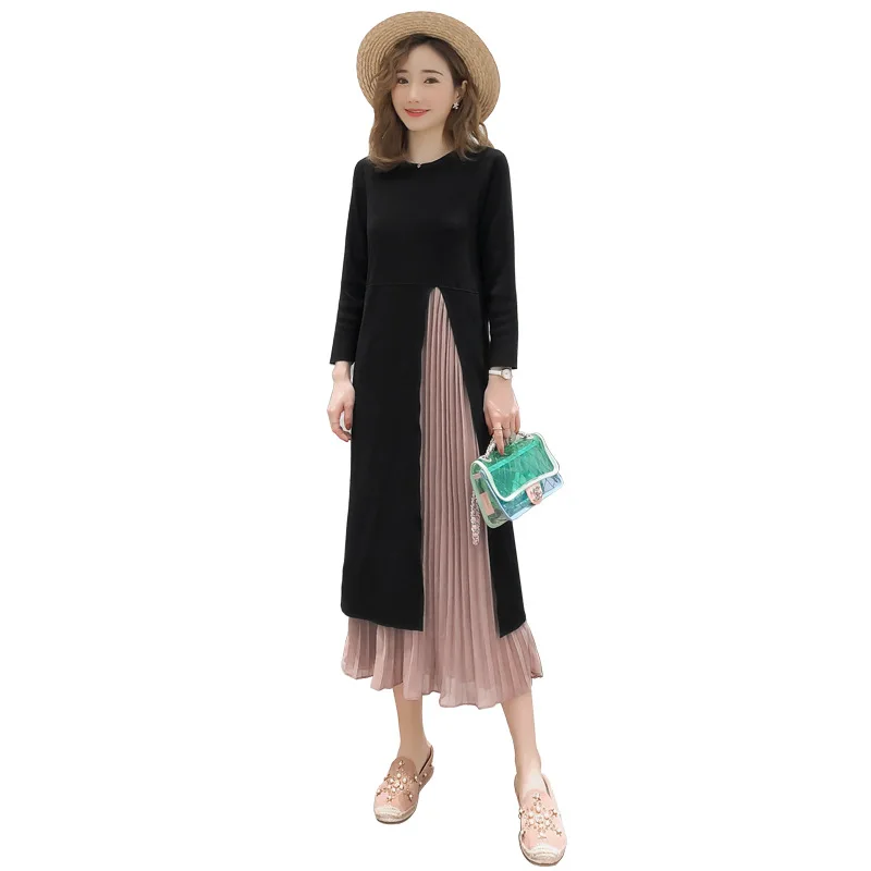 New Autumn Maternity Lactation Dress Long-sleeved Nursing Clothes Chiffon Stitched Postpartum Women Breastfeeding Dress