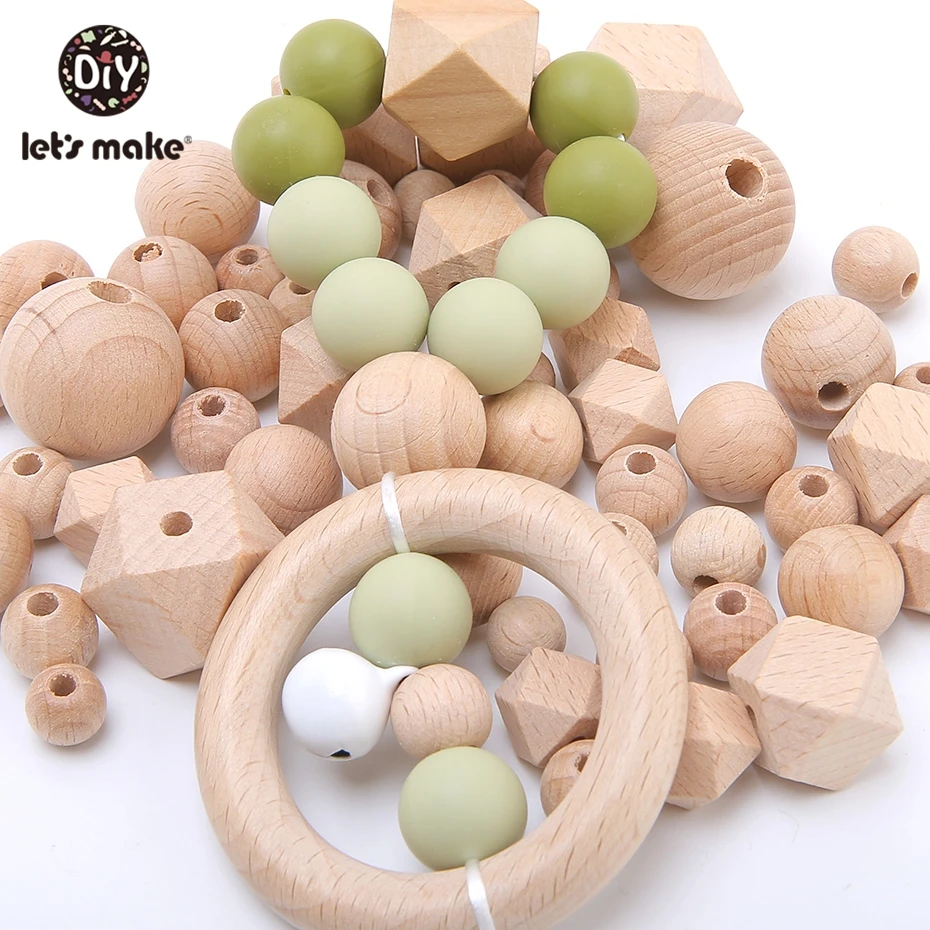 Facciamo 100 pz faggio esagono perline massaggiagengive in legno rotondo 12-30mm sonaglio per bambini in legno perline massaggiagengive giocattoli