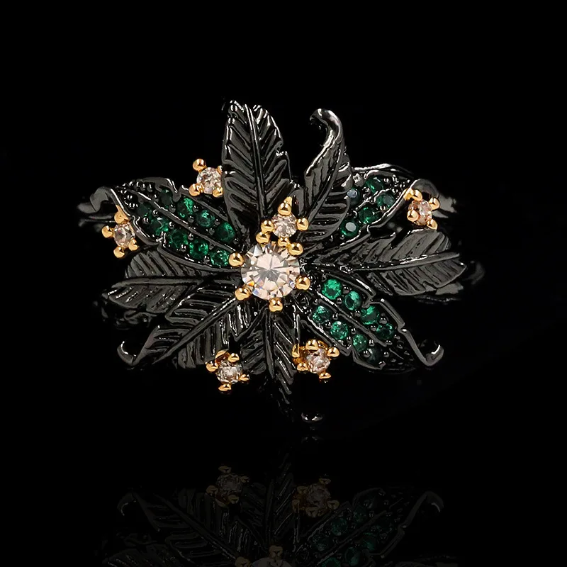 สีสันมะพร้าวต้นไม้แหวนปิดเทศกาลสร้างสรรค์สไตล์เล็กน้อยฝัง Zircon ใบดอกไม้ Index 2-Tone แหวนเครื่องประดับของขวัญ