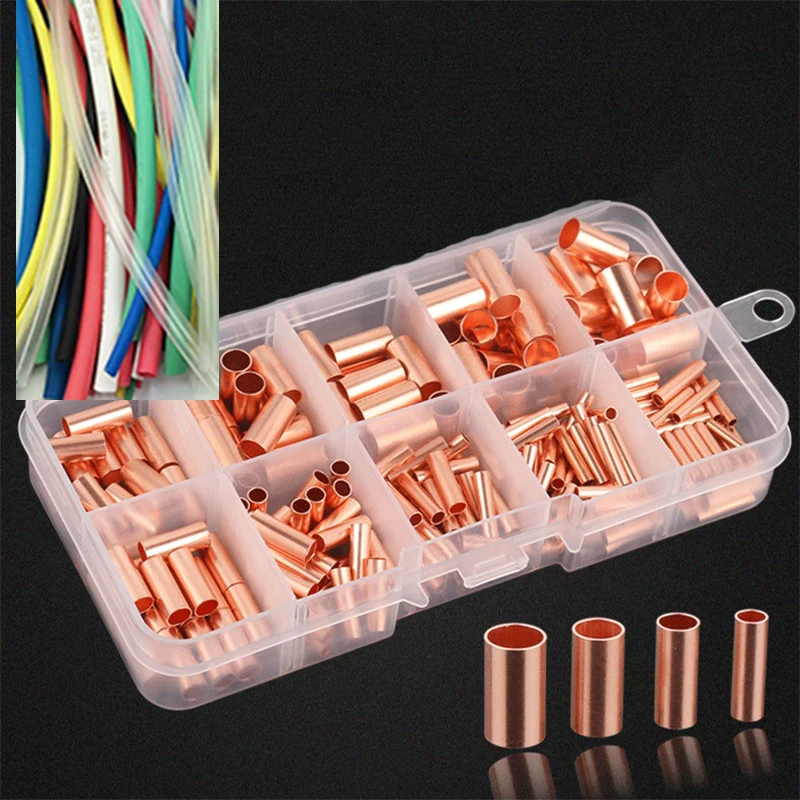 210PCS  GT Copper connecting pipe wire joint small copper tube  Terminal Cable Lug diameter 1.5-8mm  with heat shrink tube plier