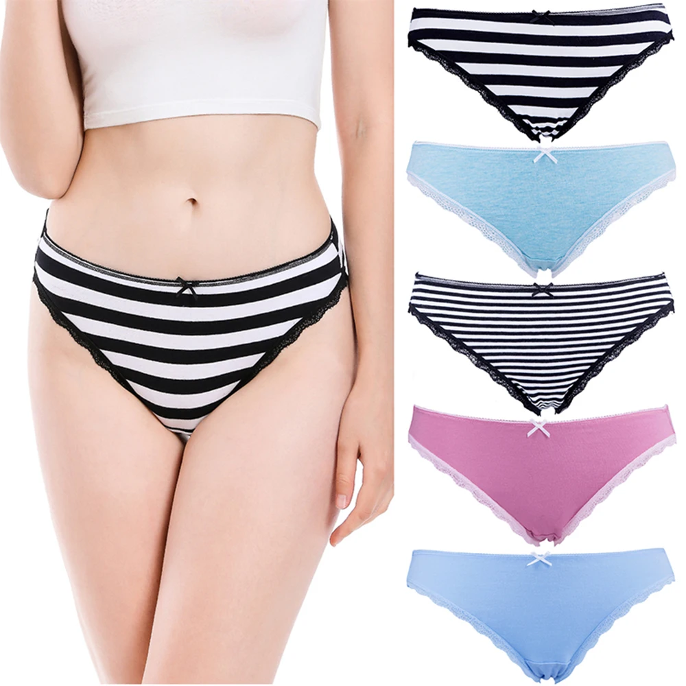 Charmleaks Women’s Fashion Cotton Underwear Lace Bikini Comfort Non-marking Briefs Bowknot Soft Elastic Mid-waist Briefs 5PCS