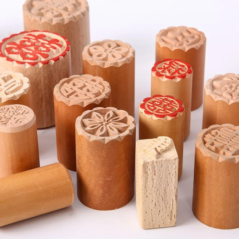 Wooden Cookie Embossing Stamp Mold Cake Cookie Moulds Manual Round Dessert Traditional Chinese Seal Stamp DIY Pastry Tools