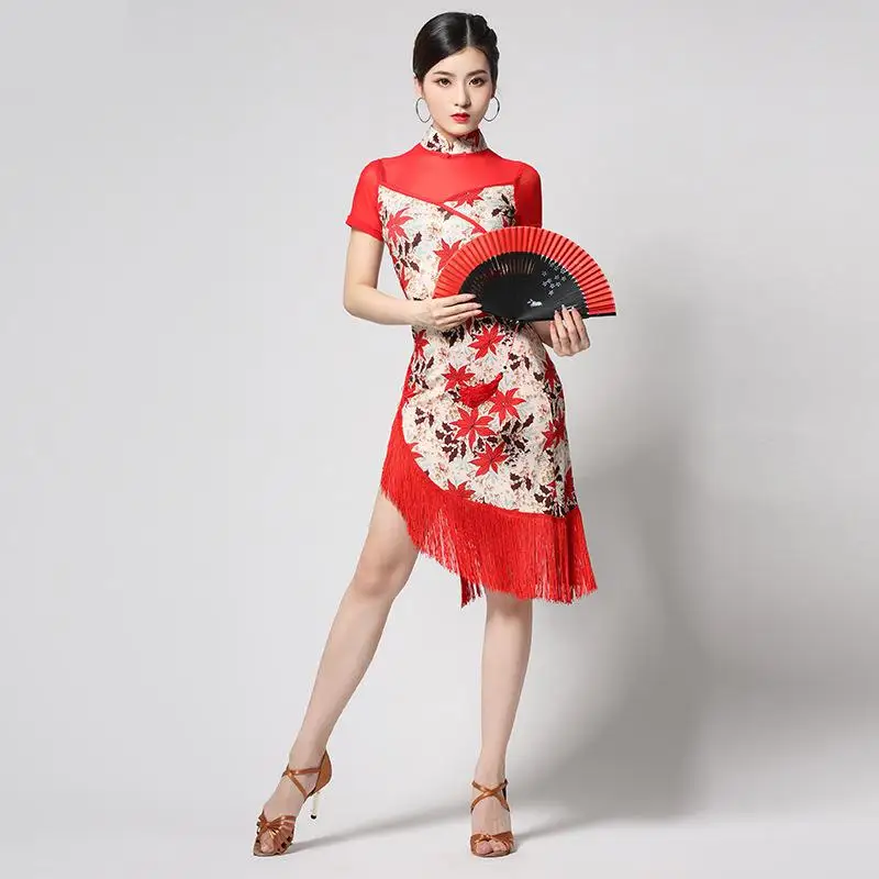 New Adult Latin Dance Dress Retro Practice Costume Split Tassel Dress Cheongsam Rumba Samba Tango Cha Cha Salsa Foxtrot Dance