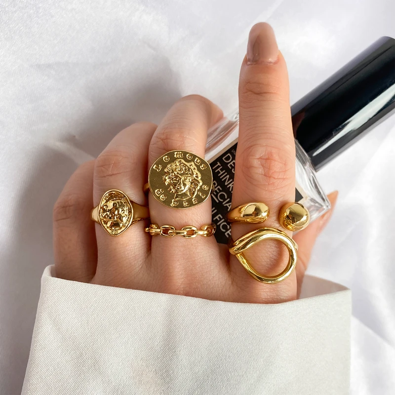 KISS WIFE Punk Golden Portrait Coin Chain Geometric Rings Set NEW Fashion Open Rings For Women 2021Trend Jewelry Gifts