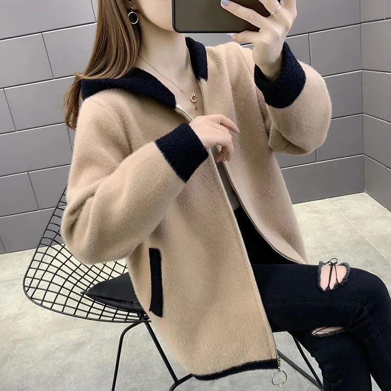 Splicing Plush Short Coat Women Spring And Autumn 2021 New Korean Loose Hooded Plush Cardigan Top Female Pink Zipper Trend 819