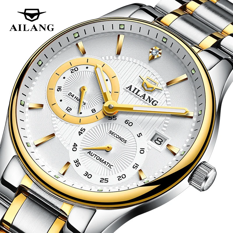 

AILANG Business Mens Watches Top Brand Luxury Stainless Steel Waterproof Calendar Mechanical Watch Men Luminous Hands Clock