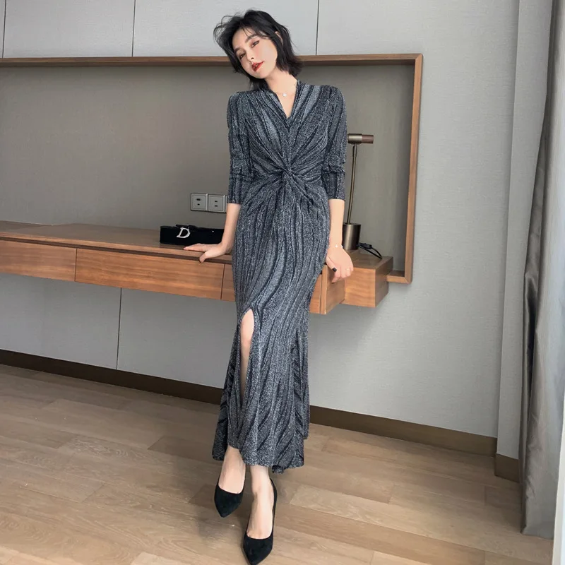 

Office Bandage Vintage Sexy Party Dress Wrap Spring Dresses V Neck Bright Silk Draped Long Sleeve Women Knitting Dress Vestidos