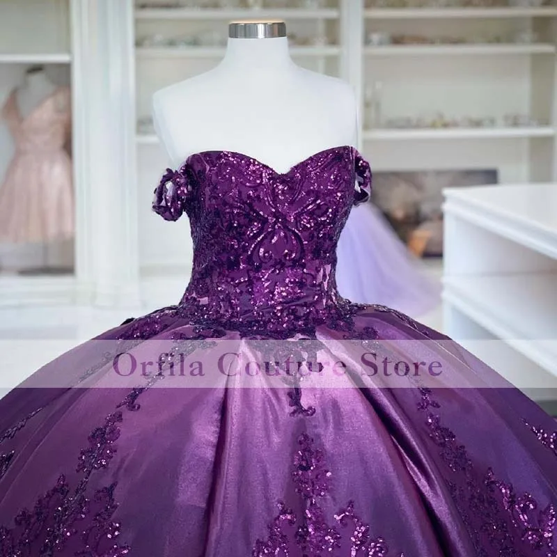 Roxo lantejoulas laço vestido de baile quinceanera vestido 2021 fora do ombro vestidos 15 anos espartilho plus size doce 16 vestidos