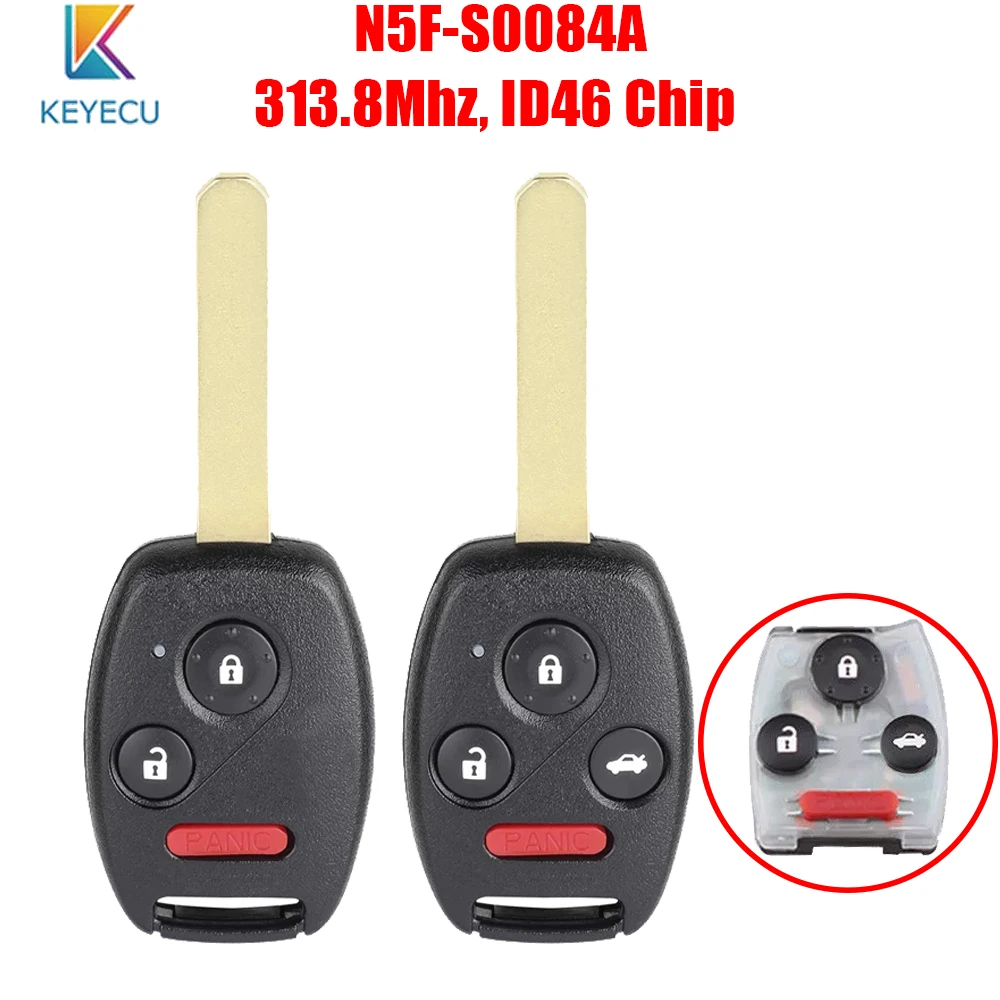 

Keyecu N5F-S0084A для Honda Odyssey Civic EX Si 2006 2007 2008 2009 2010 дистанционный ключ-брелок от машины 3/4 кнопки 313,8 МГц ID46 чип HON66