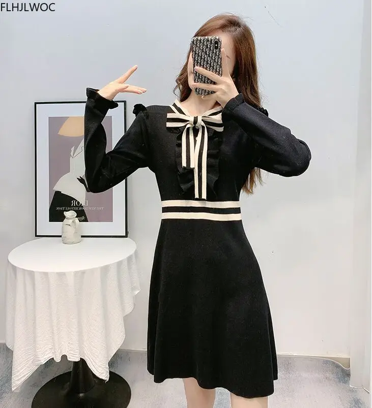 2021 Hot Sales Womens Cute Feminine Vestidos Striped Ruffled Bow Tie Black Knitted Mini Sweater Dress D0640