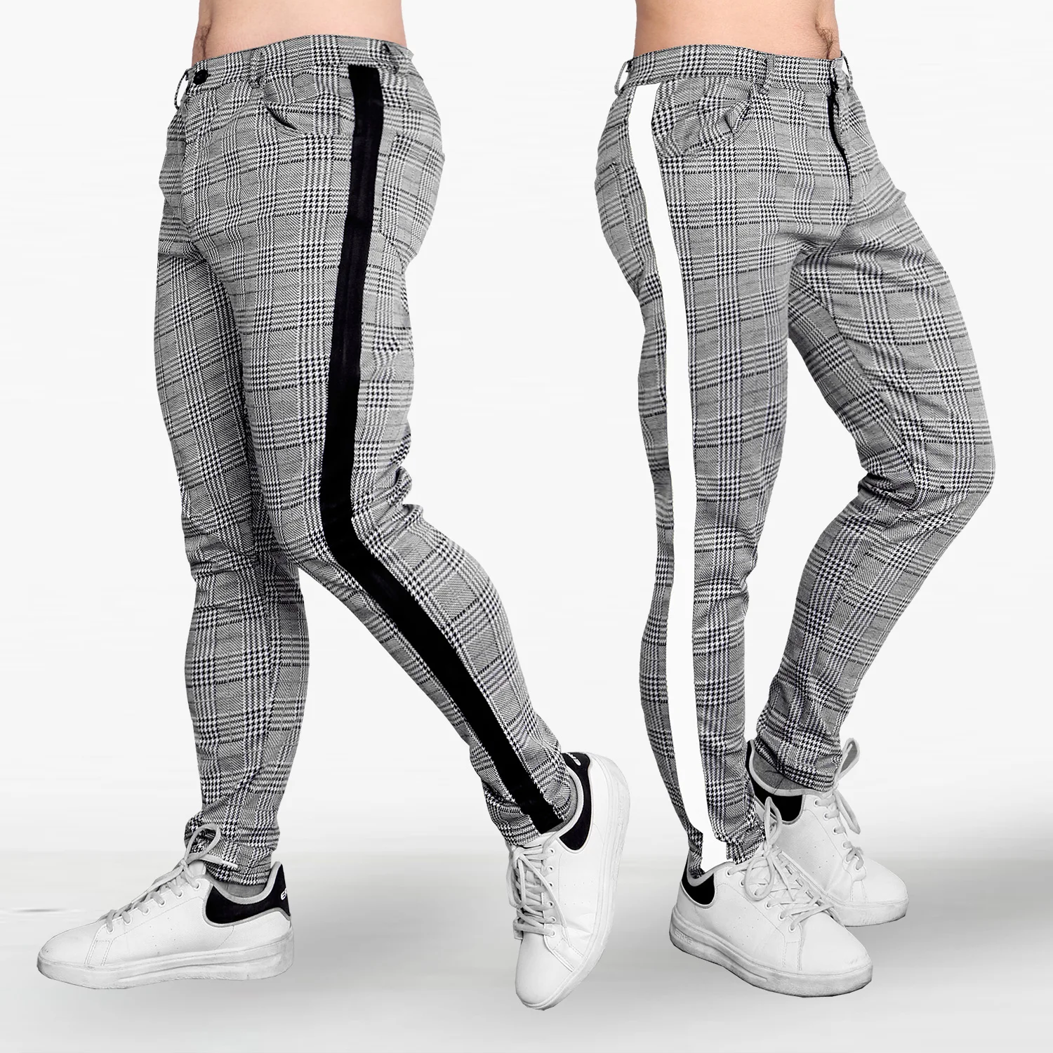 Hip Pop Long Trousers Streetwear Pants Casual Fashion Men Jogging Plaid Grey Side Stripe Pants Skinny Bottom Slim Fit Sweatpants