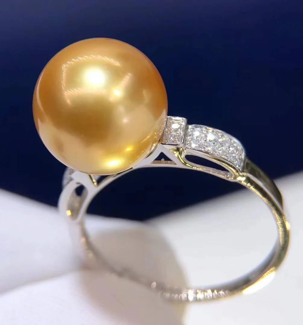 D531 Solid 18K Gold 10-11mm Nature Sea Water Golden Pearls Rings for Women Fine Jewelry Birthday Gifts