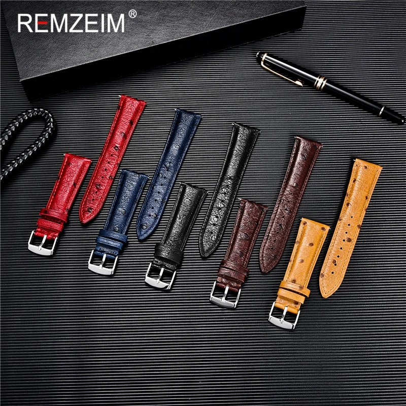 REMZEIM Ostrich Pattern Leather Quick Release Watch Band Strap Red Black Blue 18mm 20mm 22mm With Silver Stainless Steel Buckle