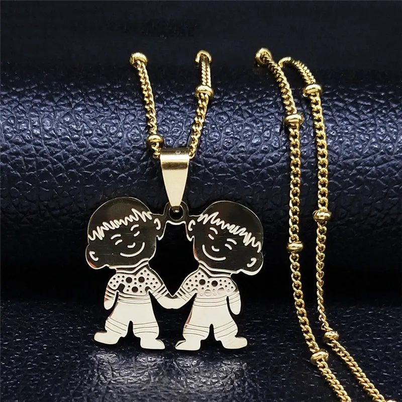 2024 Fashion Stainless Steel Two Boys Family Necklace for Women Gold Color Chain Necklace Jewelry acero inoxidable joyeria N550