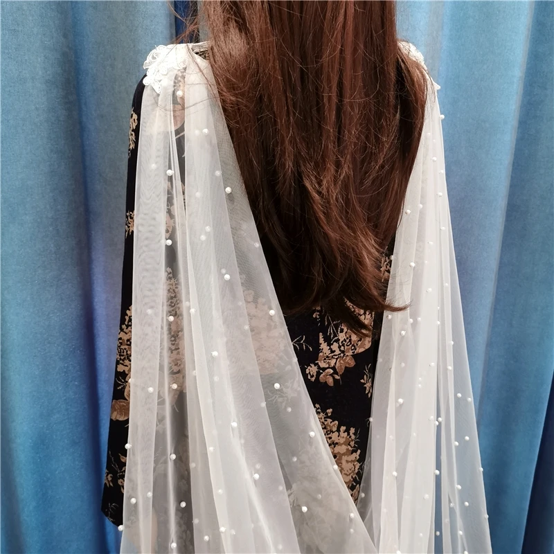 Real Photos Pearls Tulle Bridal Wraps Cape Veils White Ivory Bolero Shrugs for Brides Cathedral Long Wedding Accessories 3 Metre