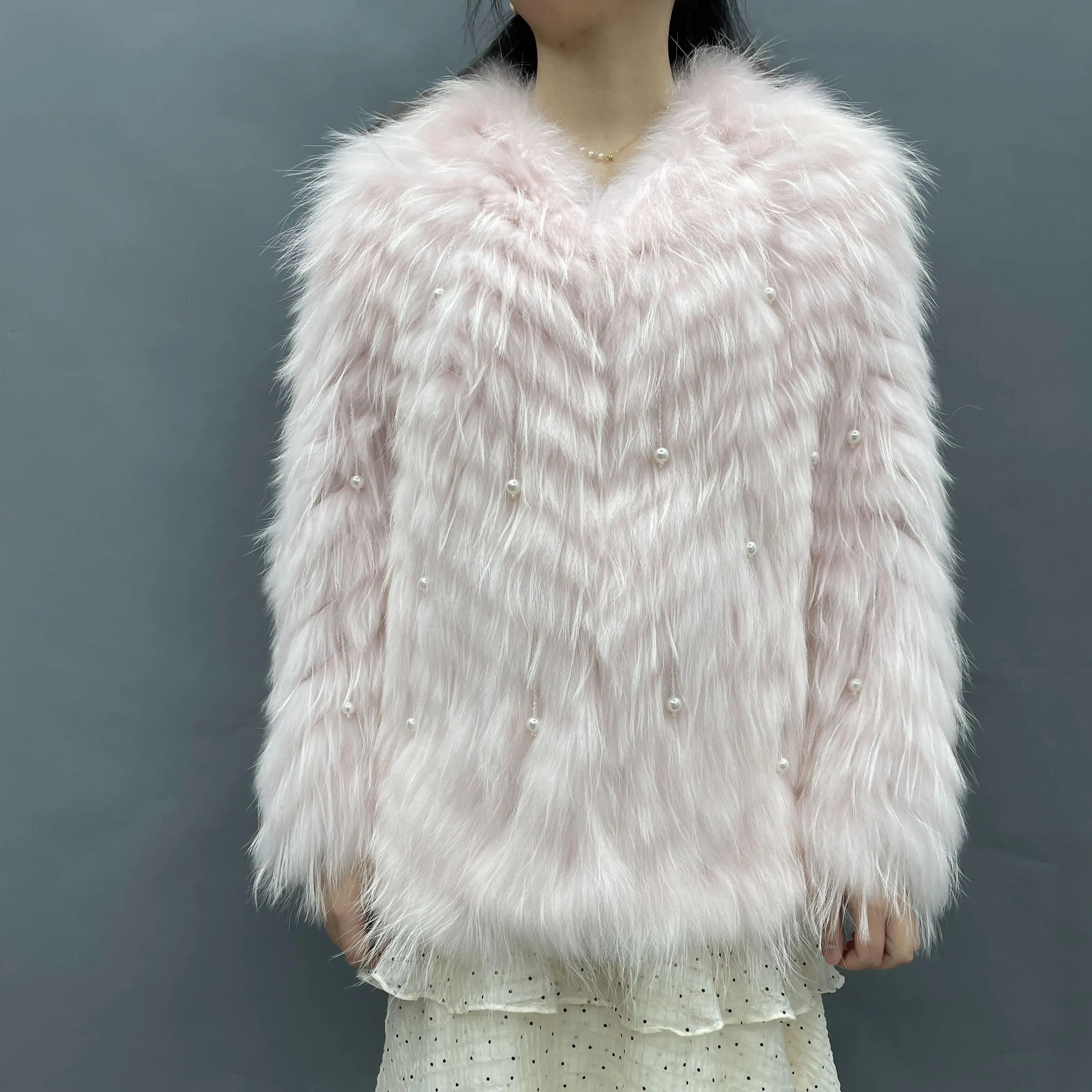 High Quality Winter Warm Long Raccoon Fur Coat Mink Skin Knitted Pearl Tassel Ornament Decoration Clothing