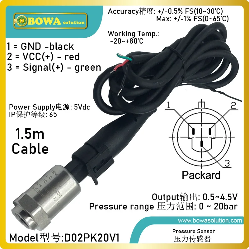 20bar pressure transducer (0.5 to 4.5Vdc output) is working as sensor of varous logic controllers, such as superheat controllers