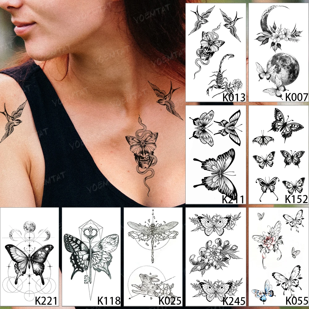 

9pcs/Lot Waterproof Temporary Tattoo Sticker Black Snake Scorpion Butterfly Line Flash Tatoo Woman Sexy Body Art Fake Tatto Man