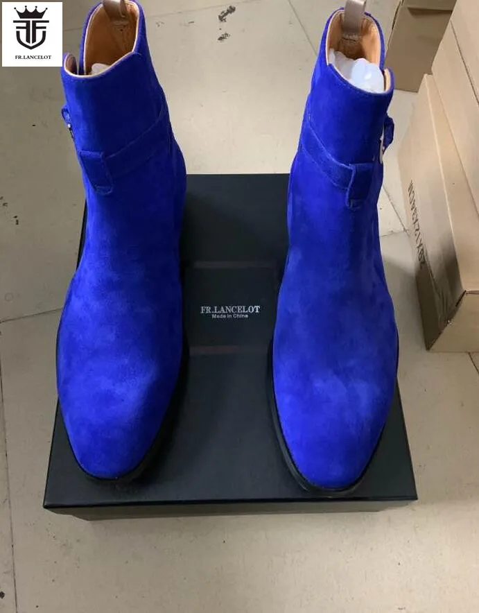 FR.LANCELOT 2020 New Chelsea boot royal blue suede boots point toe buckle ankle boots sliver buckle mujer botas party shoes men