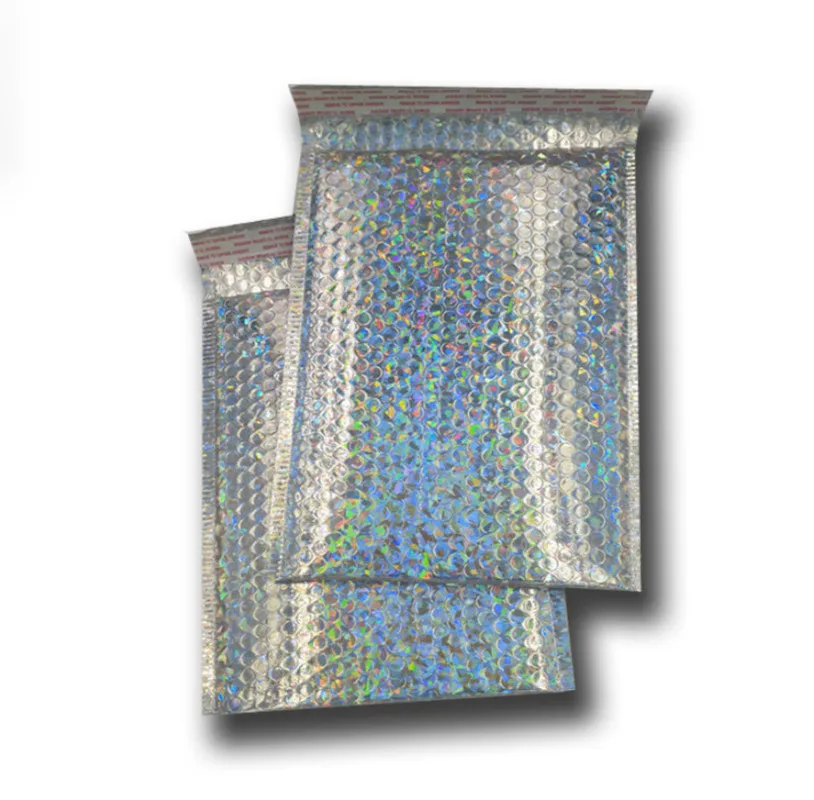 Bolsas de sobres de correo de plata láser, sobres de burbujas acolchados impermeables, paquete de Navidad, 50 Uds.