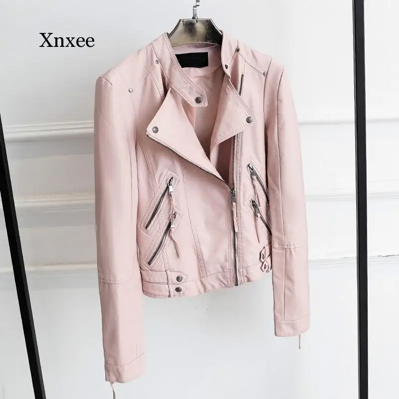 New Women Fashion Zipper Faux Leather Jacket Slim Long Sleeve Short Design Black Pink Motorcycle Pu Jacket