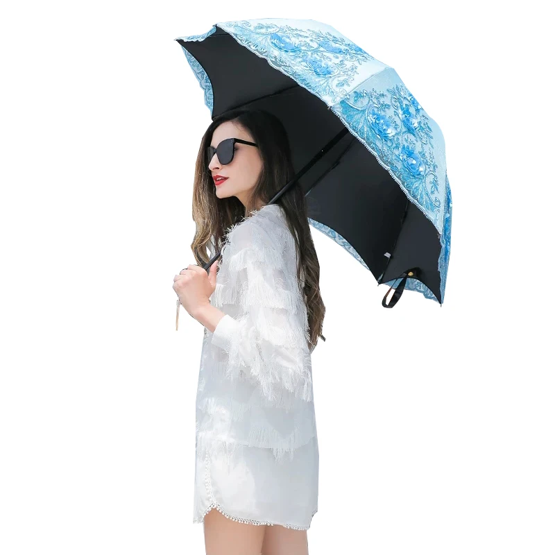 

2020 Hot Sale Quality Folding Umbrella For Women Anti-UV Windproof Rain Lace double-layer vinyl Female Parasol Pocket Umbrellas