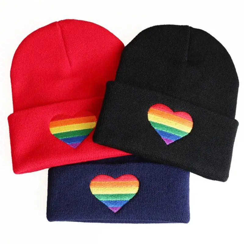 Rainbow Heart Embroidery Knitted Hat Winter Autumn Pride Beanie Cap