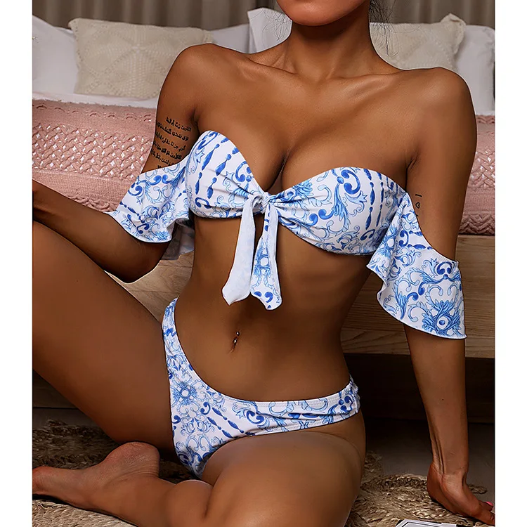 Ruffle Bikinis Off Shoulder Swimsuit Women Print Bathing Suits High Cut Swimwear Conjunto Biquinis Feminino Trajes De Baño Mujer