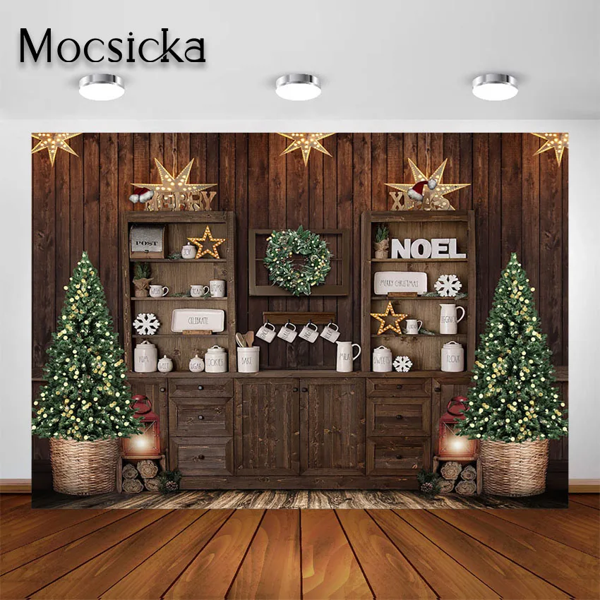 Mocsicka Christmas Kitchen Backdrop for Photography Bustic Wood Cupboard Adult Children Family Portrait Background Photographic