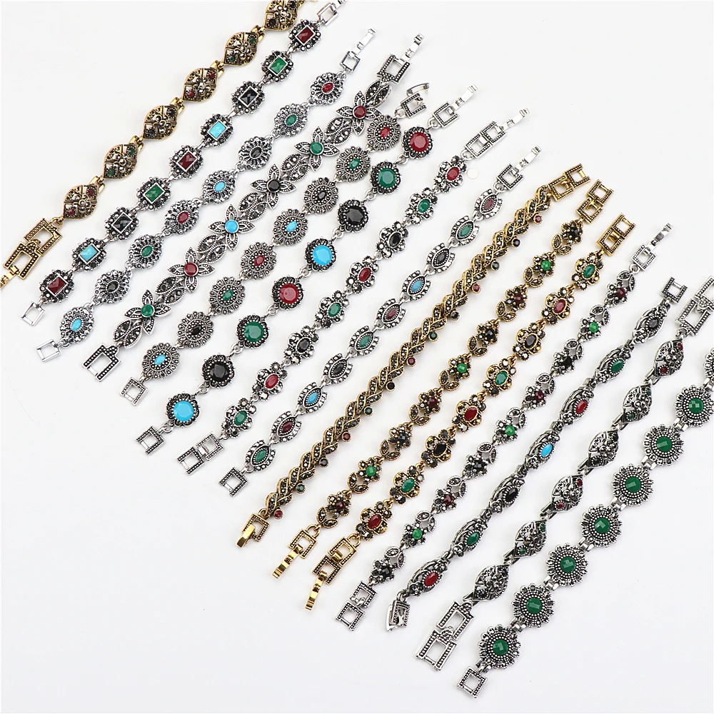 Wholesale 10pcs/lots Bulk Vintage Metal Bohemian Ethnic Crystal Charm Bracelet For Women Party Gift Mix Style