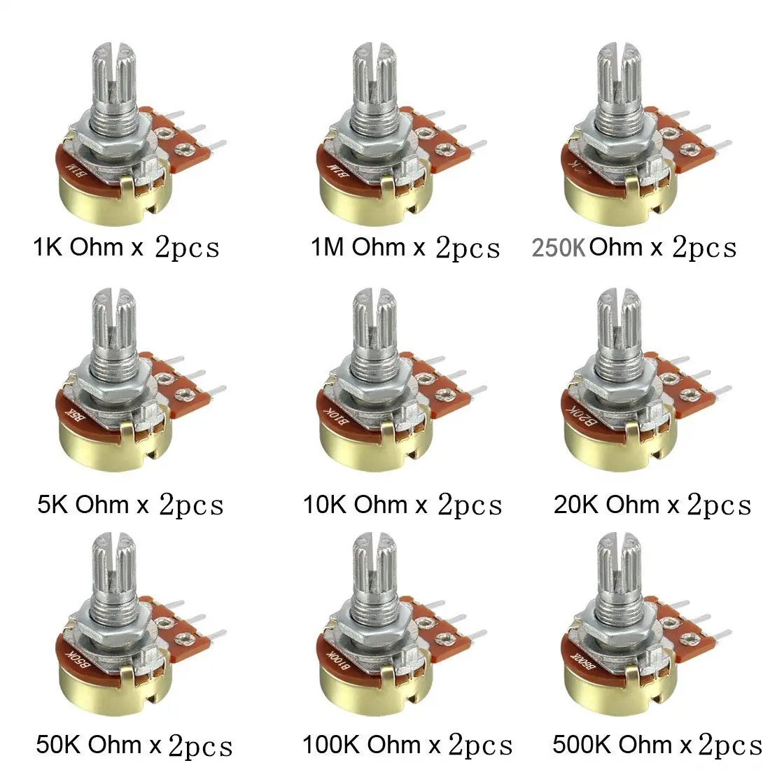 18 adet/kutu WH148 tek potansiyometre kiti B1K/5K/10K/20K/50K/100K/500K/1M kolları tek potansiyometre set mili somun
