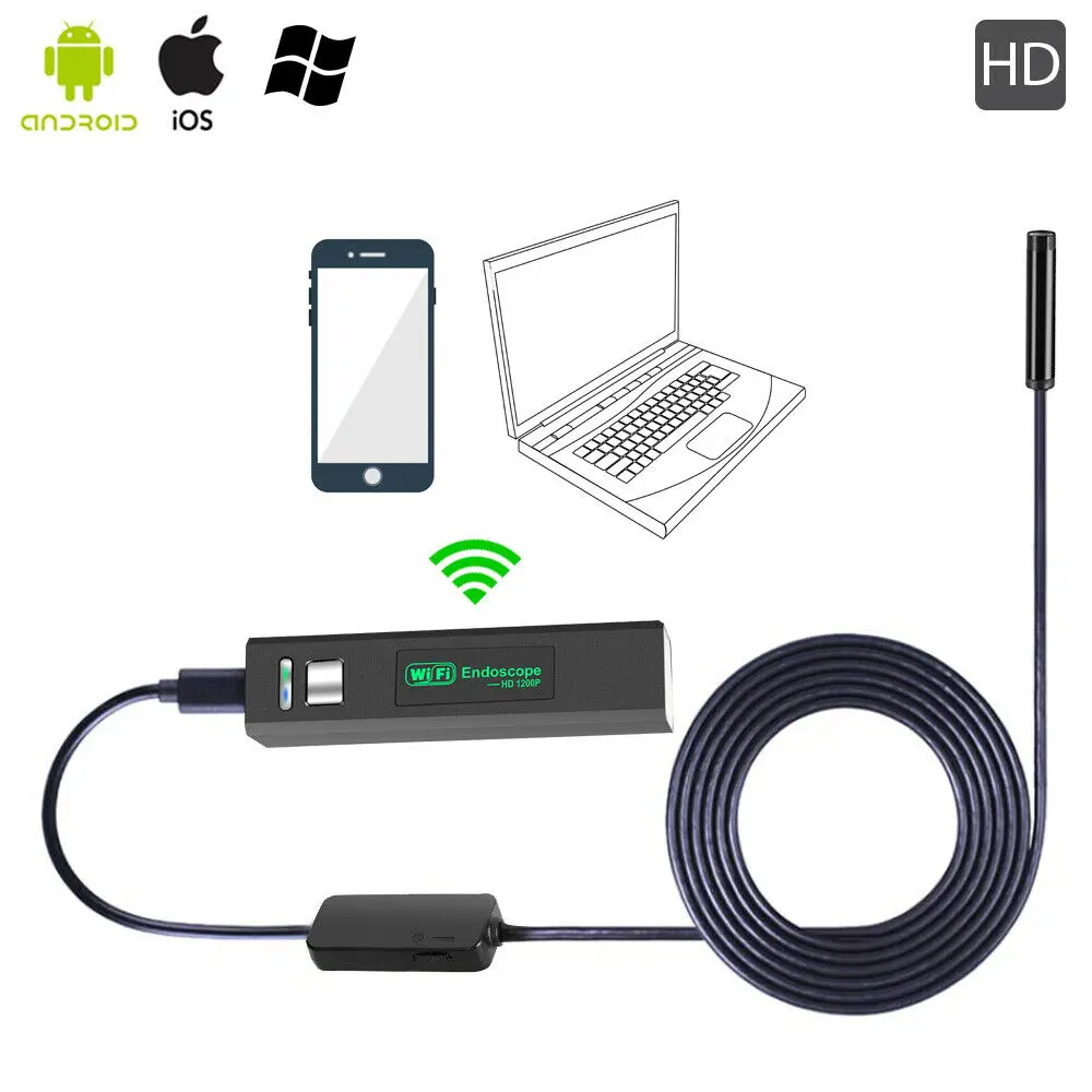 Caméra d'inspection endoscope étanche, WIFI 1200P HD, 8 LED