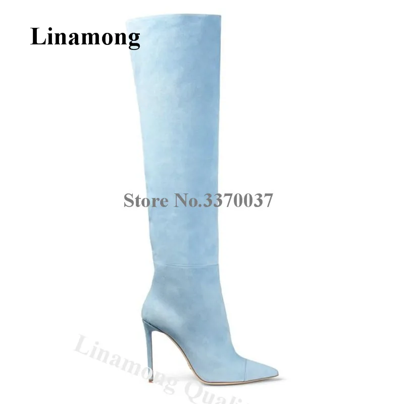 

Linamong Elegant Women Pointed Toe Stiletto Heel Knee High Boots Light Blue Yellow Suede Leather Long High Heel Boots Big Size