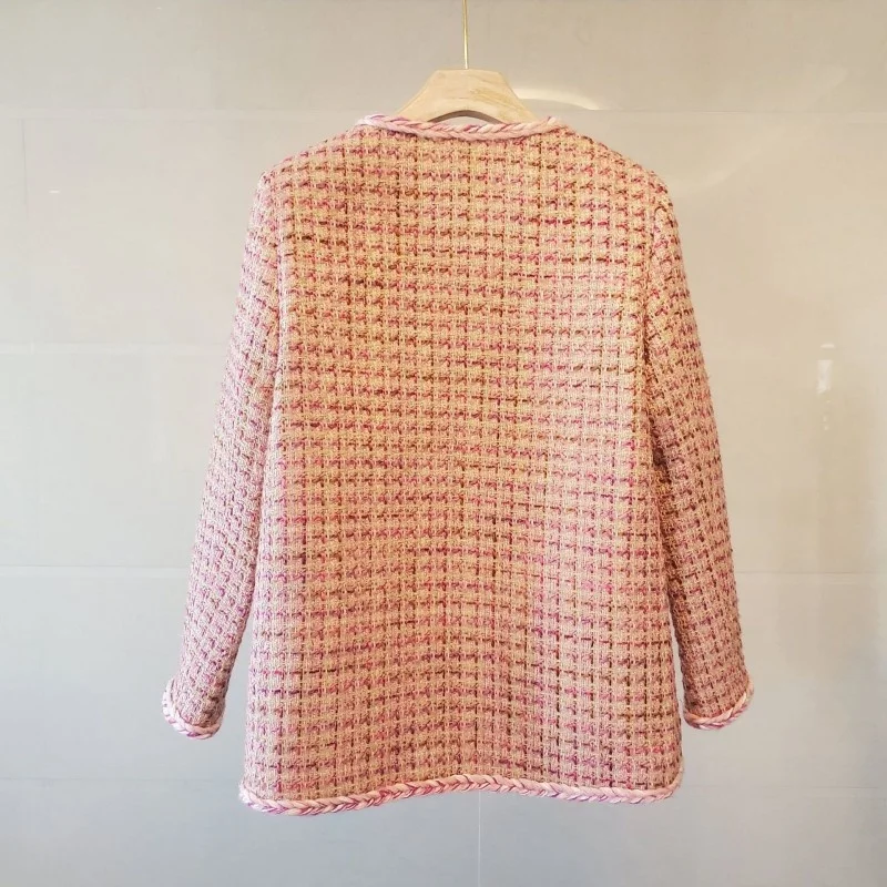 

Office Fashion Ladies Plaid Tweed Jacket Elegant Women Slim Fit Pockets Padded Coat Brand Designer Autumn O Neck Twill Jackets