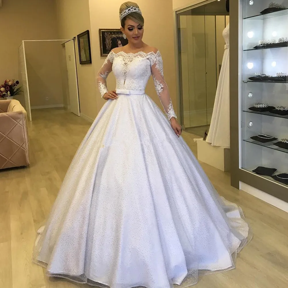 جوهرة خط الرقبة الدانتيل زين خط فساتين الزفاف بأكمام طويلة Vestidos De Noiva طول الأرض أزرار الظهر زي العرائس