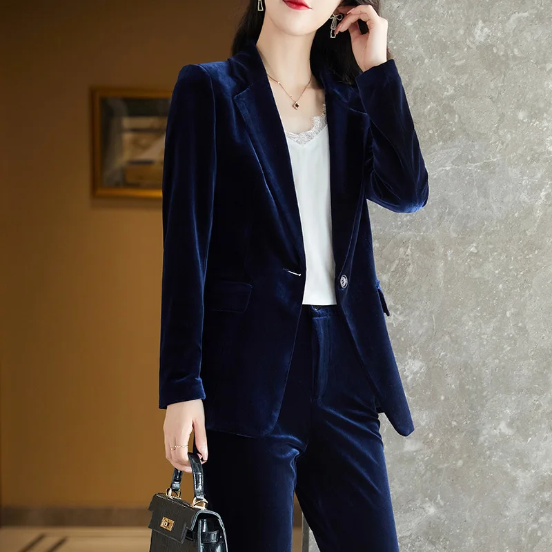 High Quality Fabric Velvet Formal Women Business Suits OL Styles Professional Pantsuits Office Work Wear Autumn Winter Blazers