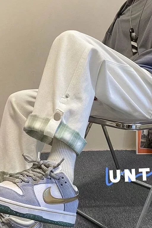 Loose straight jeans men's spring and autumn new fashion brand ins loose and versatile snap buckle Plaid hem nine point pants