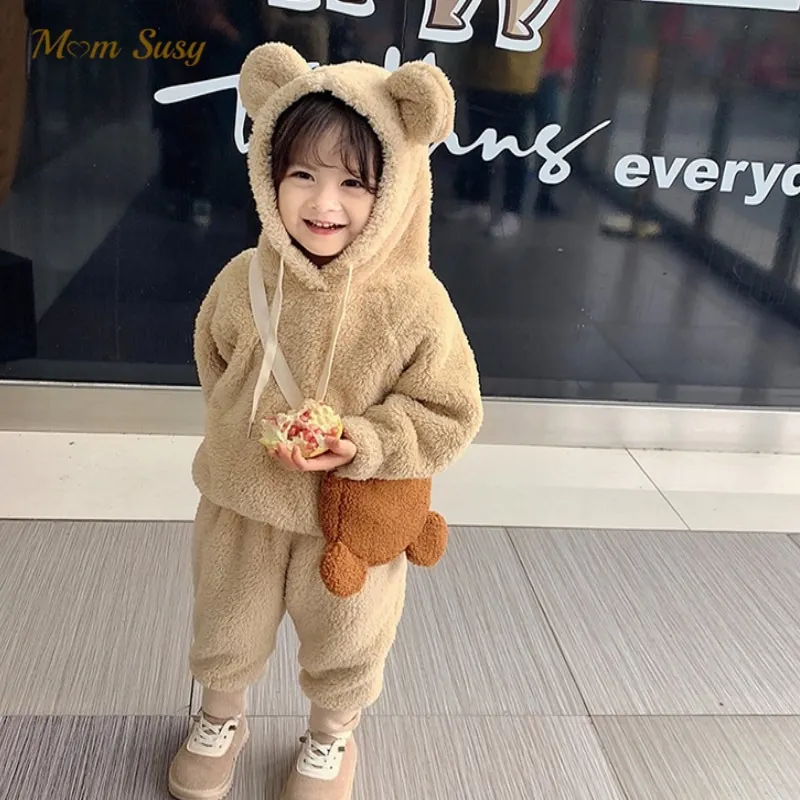 

Baby Girl Boy Fleece Eear Hooded Clothes Set Hoodie+Pant 2PCS Spring Autumn Winter Infant Toddler Homesuit Baby Clothes 1-7Y