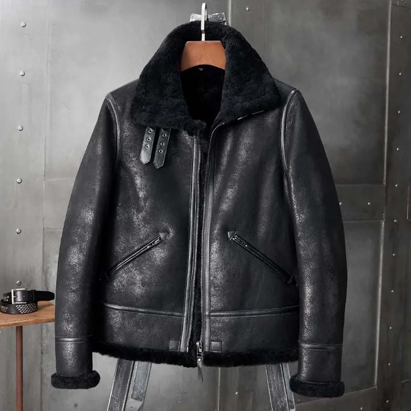 Mens B3 Sheepskin Shearling Jacket Motorcycle Fur Coat Black Leather Parkas Short Winter Overcoat