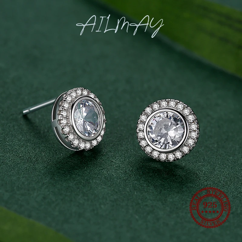 Ailmay 925 Sterling Silver Round Earrings Classic Luxury Full Cubic Zirconia Earrings For Women Wedding Engagement Jewelry