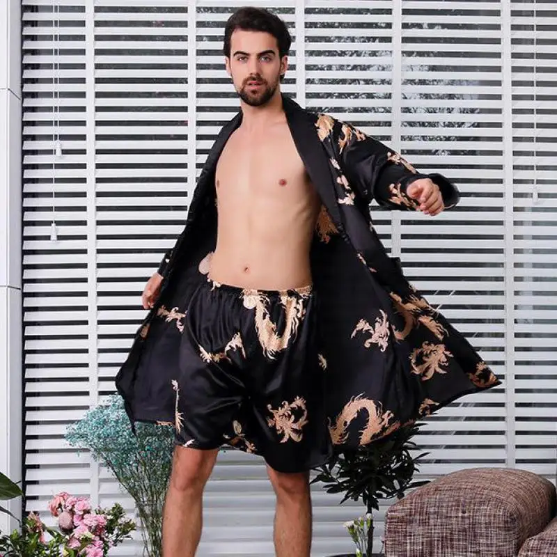 Extra Large Black 2pcs Robe Suit Sleepwear Male Silk Dragon Dressing Gown Robe With Dragons Mens Satin Bathrobe Silk Kimono 5XL