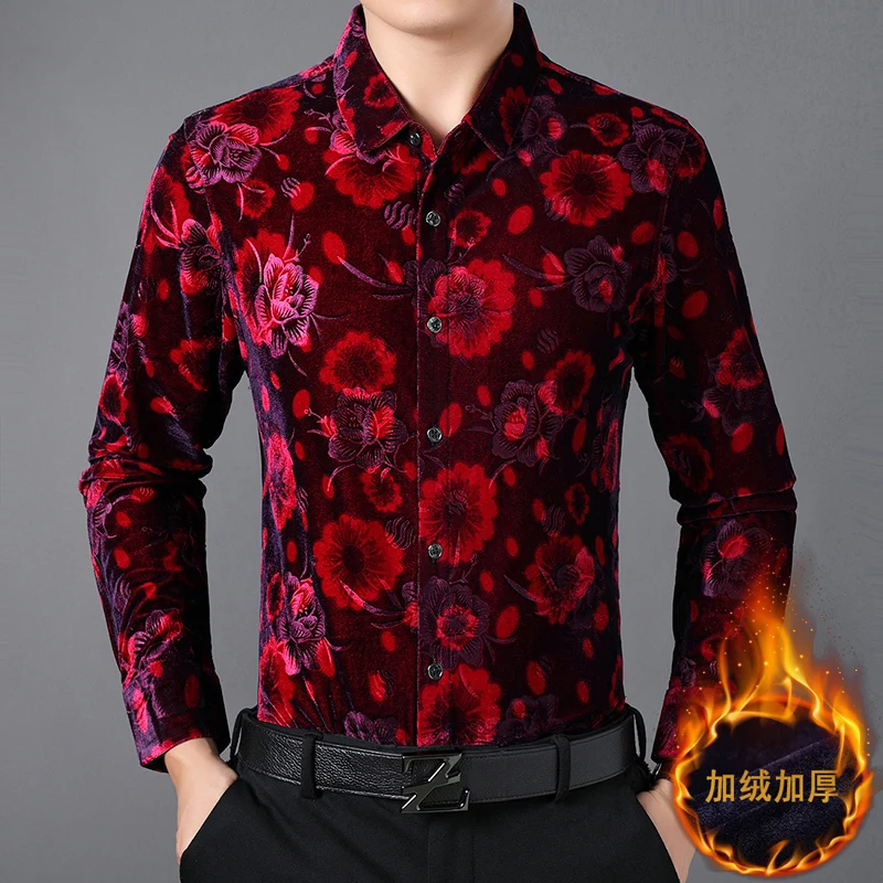 

Man Winter Thicken Velvet Clothes Long Sleeve Floral Velour Shirts Male Gold Velvet Warm Shirts