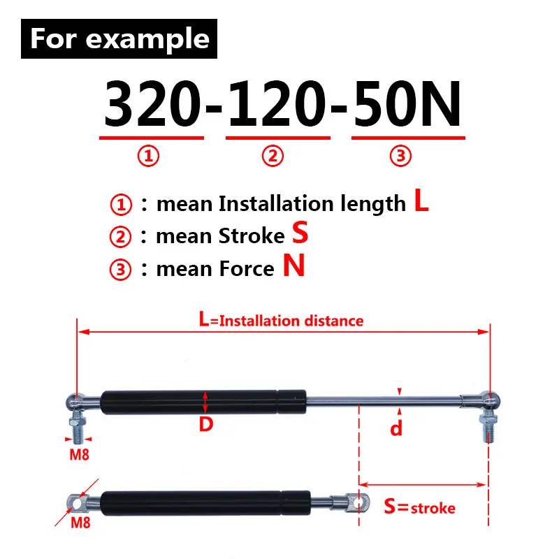 18*8 Rod Gas spring folding hinge 50N-500N/5kg-50kg Force lift support stroke distance 120mm Hole Center Distance 320mm