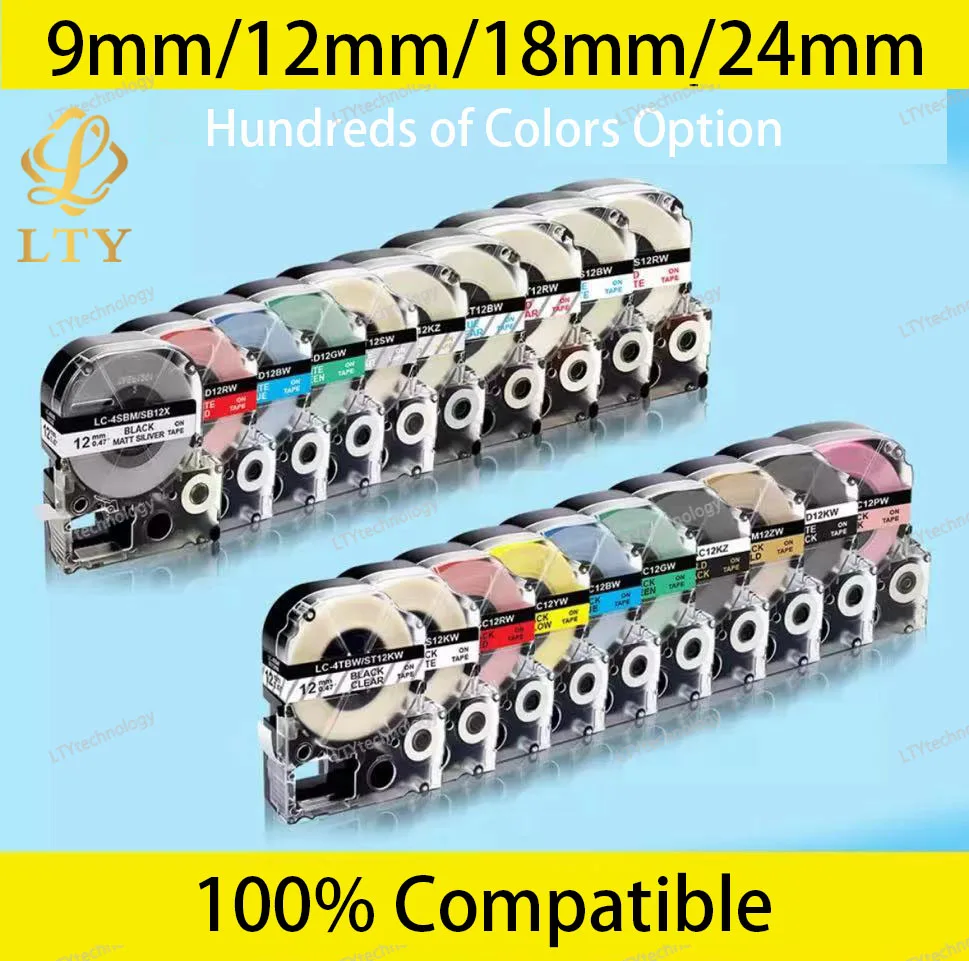 9mm/12mm/18mm/24mm label tape Compatible for Kingjim EPSON Label Printer LW-300 LW-400 LW-600P LW-700 LC-4WBN9 Printer