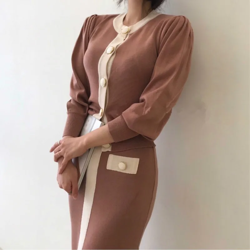 

Women's Sweater Suits Patchwork O-Neck Single Breasted Knitted Cardigan Wrapping Mid-Calf Pencil Skirts 2 Piece Outfits