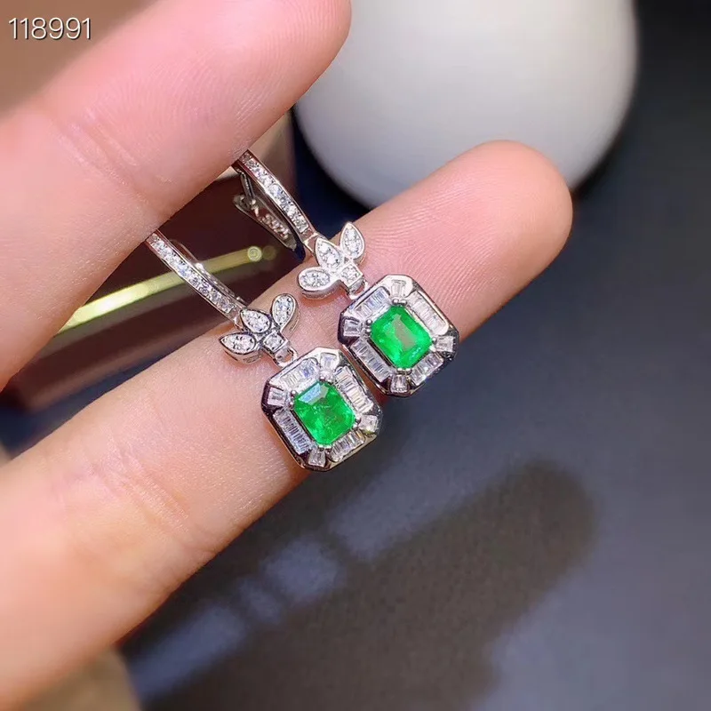 

925 Sterling Silver Natural Emerald Earrings New Ladies Ear Stud Support Test Earrings for Women