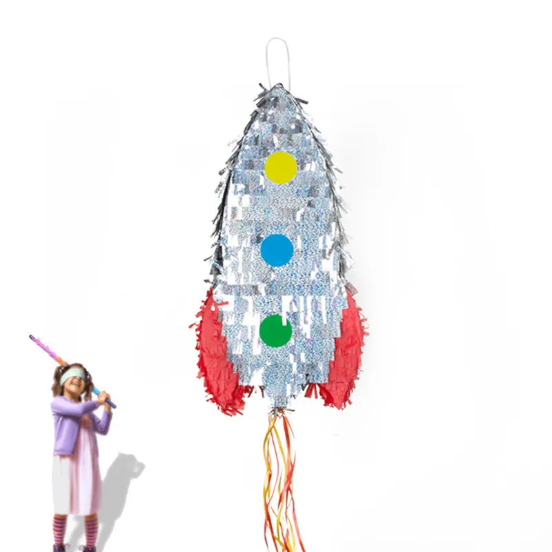 Space Rocket Shape Pull String Pinata For Children Birthday Party Game Props Silver Unreal Color Rocket Creative Decoration