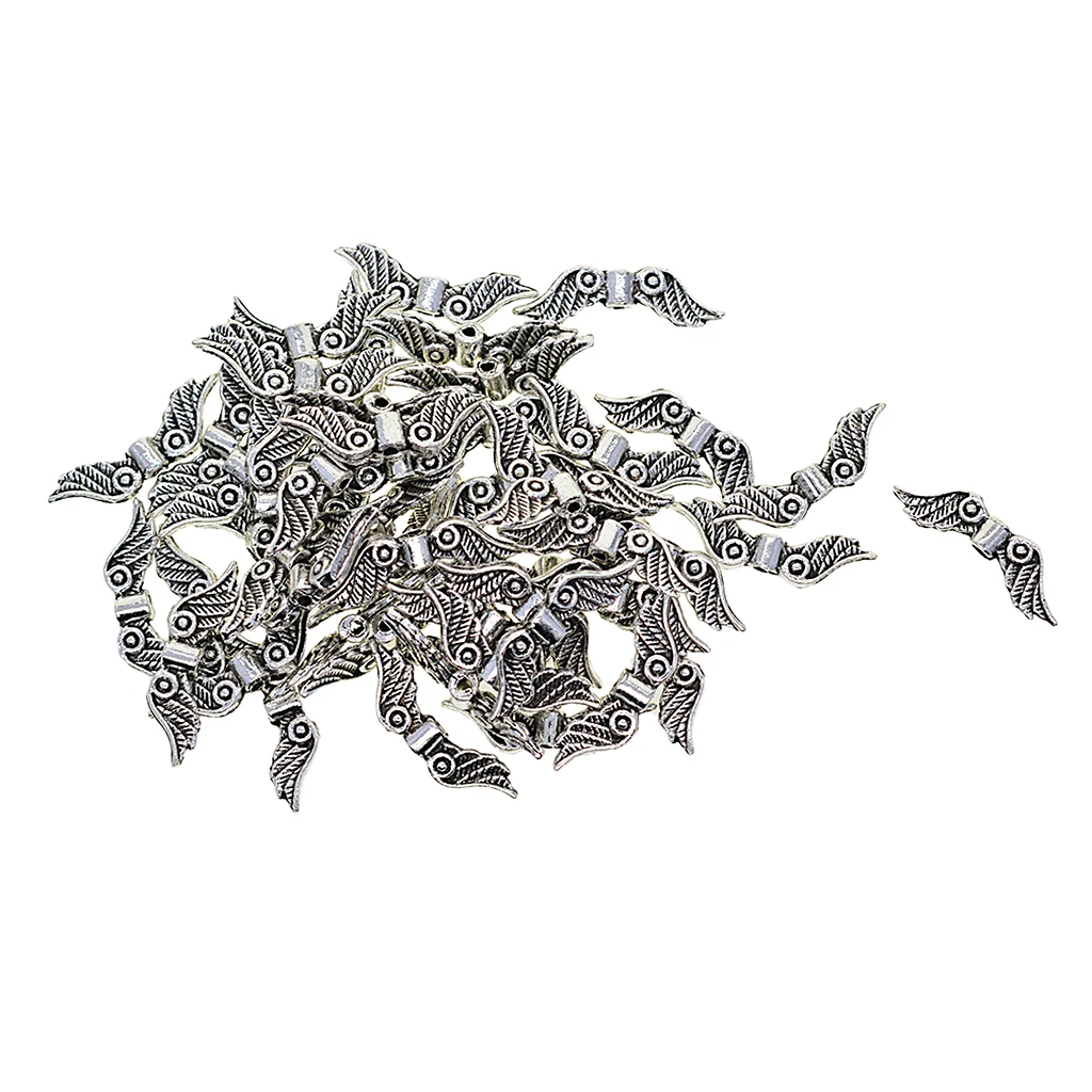 100 Pieces Wholesale 23x7mm Small Antique Silver color Tone Angel Wing Charm Beads Spacer Beads 1.5mm DIY Jewelry Findings